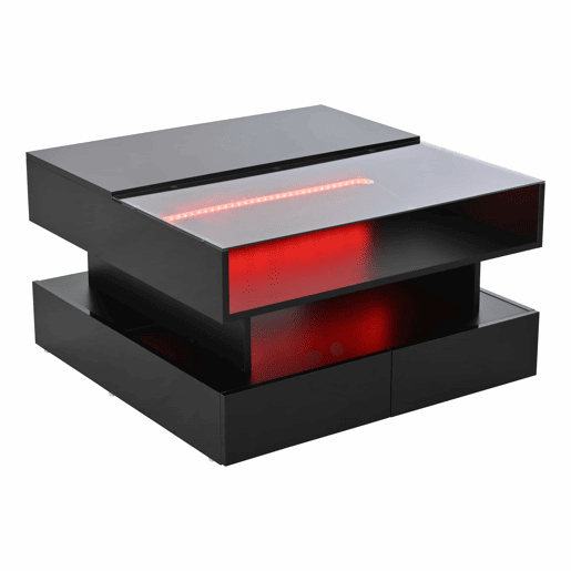 Mesa de centro elevável 80x80x45 cm - Com arrumação oculta, 2 gavetas, LED - Preto