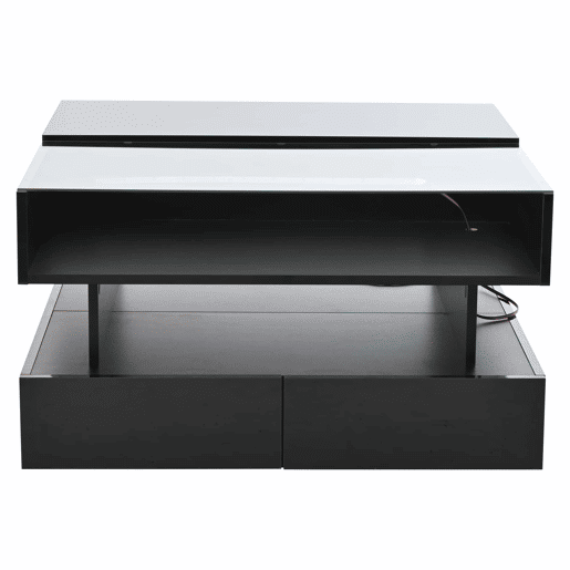 Mesa de centro elevável 80x80x45 cm - Com arrumação oculta, 2 gavetas, LED - Preto