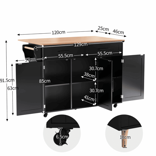 Carrinho de refeições 129x46(71)x91,5 cm - com mesa dobrável, prateleiras internas, 5 rodas, 2 gavetas - Preto