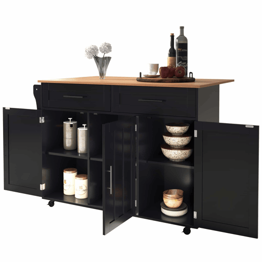 Carrinho de refeições 129x46(71)x91,5 cm - com mesa dobrável, prateleiras internas, 5 rodas, 2 gavetas - Preto