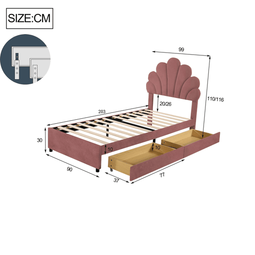 Cama de criança,cama de solteiro de veludo 90x200 cm,rosa
