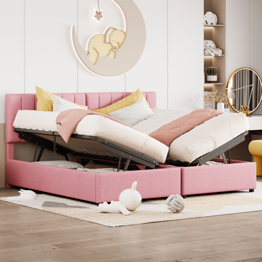 Cama de criança,cama de casal de tecido 180x200 cm com armazenamento,rosa