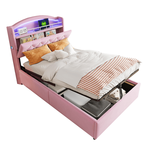 Cama de criança,cama de solteiro de veludo 90x200 cm com armazenamento e luz led,rosa
