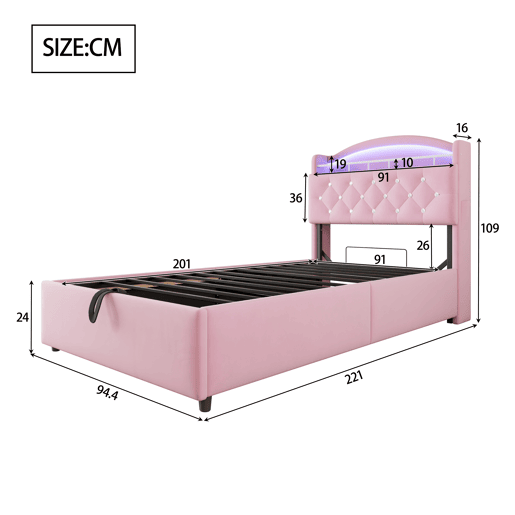 Cama de criança,cama de solteiro de veludo 90x200 cm com armazenamento e luz led,rosa