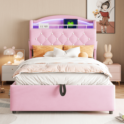 Cama de criança,cama de solteiro de veludo 90x200 cm com armazenamento e luz led,rosa