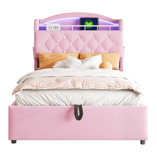 Cama de criança,cama de solteiro de veludo 90x200 cm com armazenamento e luz led,rosa