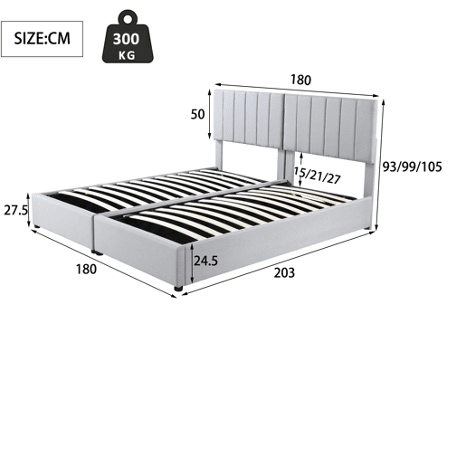Cama de criança,cama de casal de tecido 180x200 cm com armazenamento,cinza