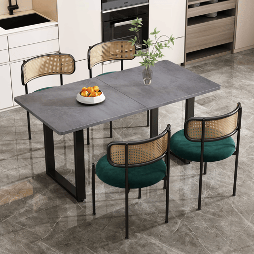 Conjunto de mesa e cadeiras de jantar 5 peças - 4 cadeiras de jantar em veludo e 1 mesa retangular - estilo moderno e simples - Cinza + Verde + Preto