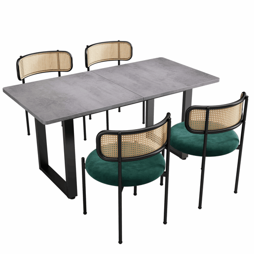 Conjunto de mesa e cadeiras de jantar 5 peças - 4 cadeiras de jantar em veludo e 1 mesa retangular - estilo moderno e simples - Cinza + Verde + Preto