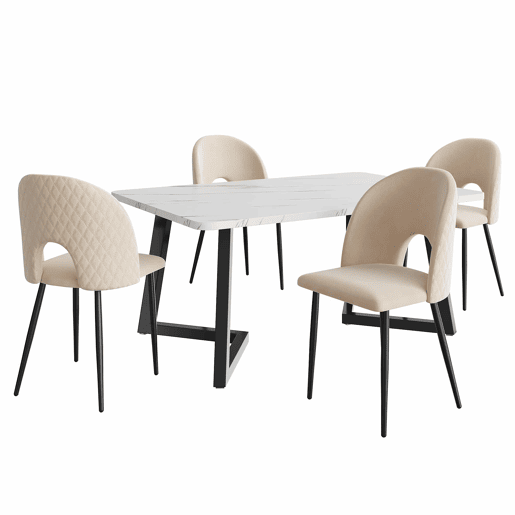 Conjunto de sala de jantar 117x68 cm - Mesa retangular com 4 cadeiras - Cadeiras de veludo bege - Pernas pretas