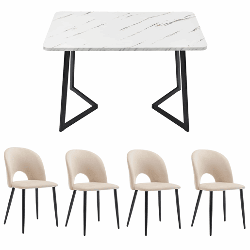 Conjunto de sala de jantar 117x68 cm - Mesa retangular com 4 cadeiras - Cadeiras de veludo bege - Pernas pretas