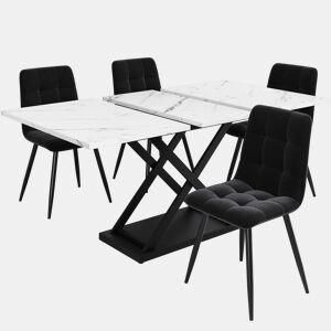 Conjunto de sala de jantar de 5 peças 160×80×75 cm - Mesa extensível com 4 cadeiras de veludo preto - Mármore branco