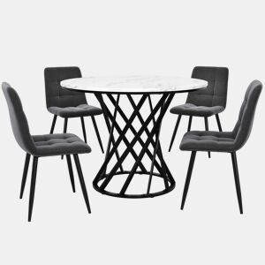 Conjunto de mesa e cadeiras 80 cm - Mesa redonda com pernas metálicas pretas, cadeiras de veludo