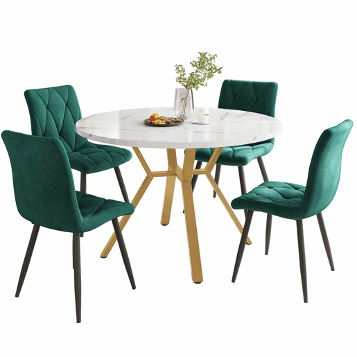 Conjunto de mesa e cadeiras de 5 peças - Mesa redonda de mármore com pernas douradas - Cadeiras ergonómicas verdes