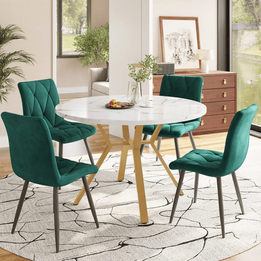 Conjunto de mesa e cadeiras de 5 peças - Mesa redonda de mármore com pernas douradas - Cadeiras ergonómicas verdes