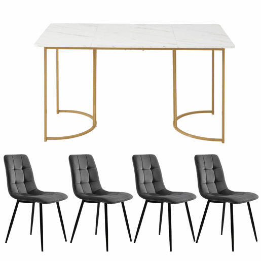 Conjunto de sala de jantar 140x80cm - Mesa com 4 cadeiras, pernas metálicas douradas, tampo em MDF branco, cadeiras em veludo cinza escuro