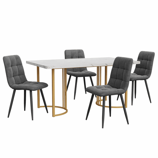 Conjunto de sala de jantar 140x80cm - Mesa com 4 cadeiras, pernas metálicas douradas, tampo em MDF branco, cadeiras em veludo cinza escuro