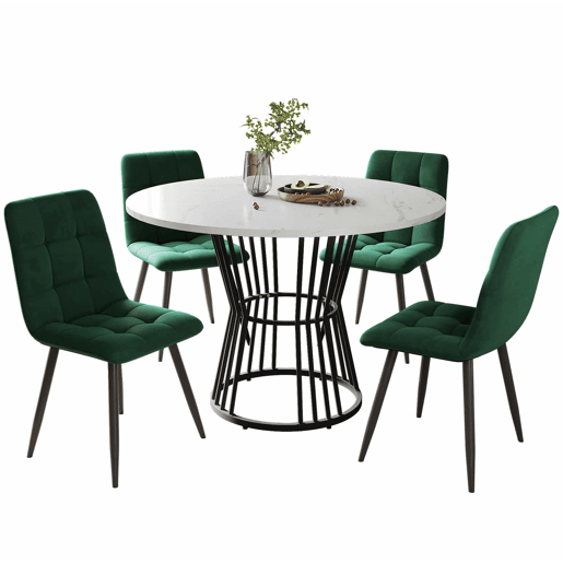 Conjunto de sala de jantar de 5 peças - Mesa redonda de 100 cm - 4 cadeiras de veludo verde
