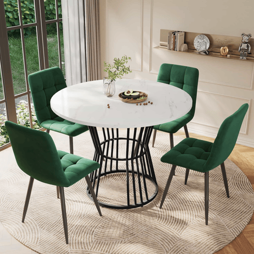 Conjunto de sala de jantar de 5 peças - Mesa redonda de 100 cm - 4 cadeiras de veludo verde