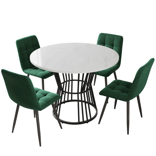 Conjunto de sala de jantar de 5 peças - Mesa redonda de 100 cm - 4 cadeiras de veludo verde