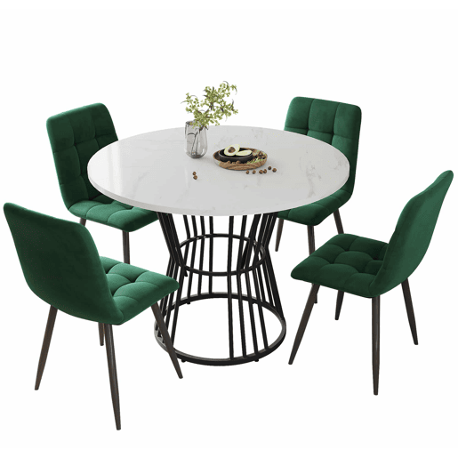 Conjunto de sala de jantar de 5 peças - Mesa redonda de 100 cm - 4 cadeiras de veludo verde