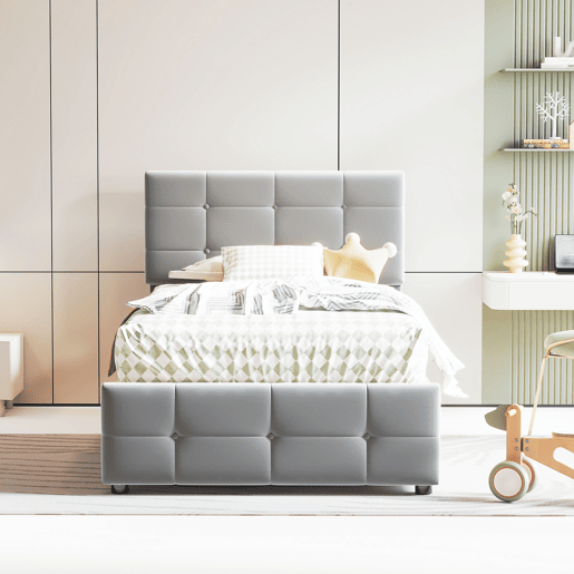 Cama de criança,cama de solteiro de veludo 90x200 cm com armazenamento,cinza