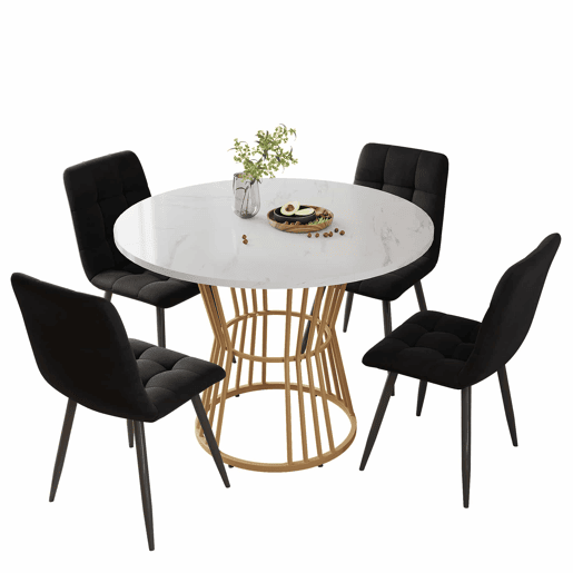 Conjunto de sala de jantar de 5 peças 100 cm - Mesa redonda com 4 cadeiras de veludo preto