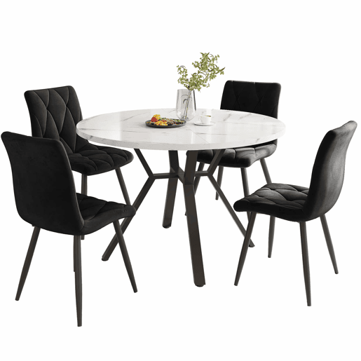 Conjunto de sala de jantar de 5 peças - Mesa redonda de mármore com pernas metálicas pretas - 4 cadeiras ergonómicas de couro preto