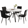 Conjunto de sala de jantar de 5 peças - Mesa redonda de mármore com pernas metálicas pretas - 4 cadeiras ergonómicas de couro preto