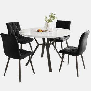Conjunto de sala de jantar de 5 peças - Mesa redonda de mármore com pernas metálicas pretas - 4 cadeiras ergonómicas de couro preto
