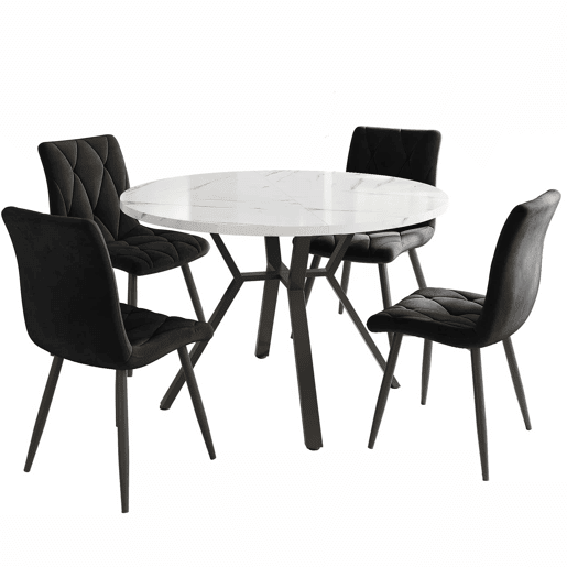 Conjunto de sala de jantar de 5 peças - Mesa redonda de mármore com pernas metálicas pretas - 4 cadeiras ergonómicas de couro preto