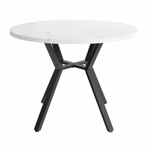 Conjunto de sala de jantar de 5 peças - Mesa redonda de mármore com pernas metálicas pretas - 4 cadeiras ergonómicas de couro preto