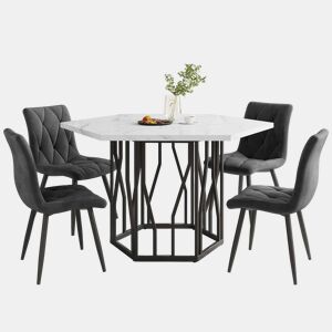 Conjunto de sala de jantar de 5 peças - Mesa de jantar hexagonal em mármore + 4 cadeiras em veludo cinzento - Preto