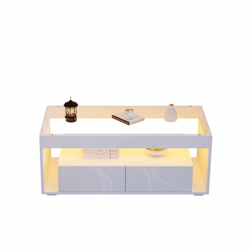 Mesa de centro 100x50x40 cm u2013 LED, 2 gavetas, design de dupla camada, vidro, alto brilho u2013 Branco