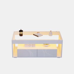 Mesa de centro 100x50x40 cm u2013 LED, 2 gavetas, design de dupla camada, vidro, alto brilho u2013 Branco