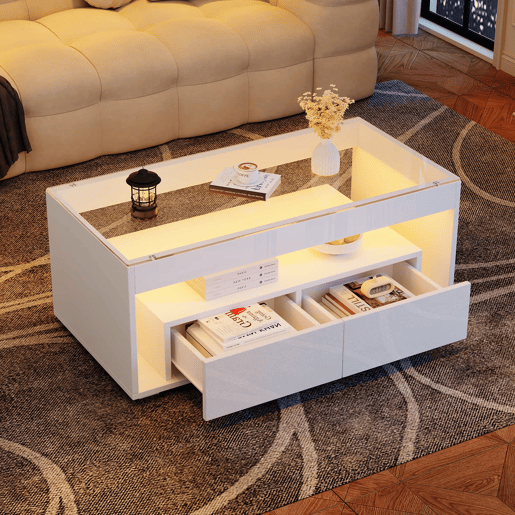 Mesa de centro 100x50x40 cm u2013 LED, 2 gavetas, design de dupla camada, vidro, alto brilho u2013 Branco