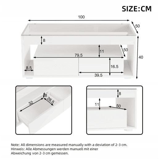 Mesa de centro 100x50x40 cm u2013 LED, 2 gavetas, design de dupla camada, vidro, alto brilho u2013 Branco