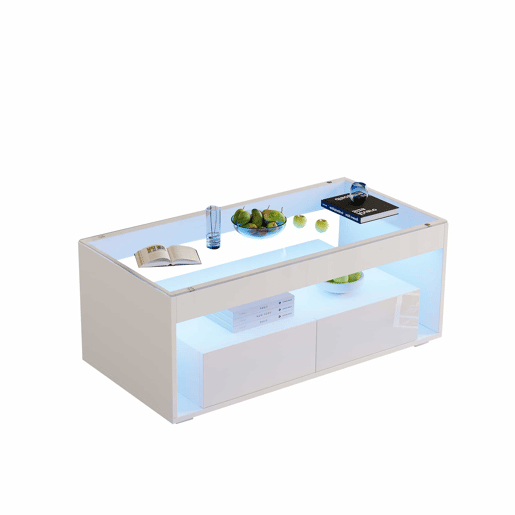 Mesa de centro 100x50x40 cm u2013 LED, 2 gavetas, design de dupla camada, vidro, alto brilho u2013 Branco