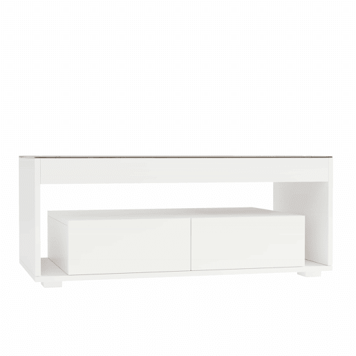 Mesa de centro 100x50x40 cm u2013 LED, 2 gavetas, design de dupla camada, vidro, alto brilho u2013 Branco