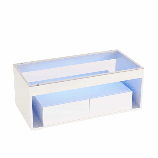 Mesa de centro 100x50x40 cm u2013 LED, 2 gavetas, design de dupla camada, vidro, alto brilho u2013 Branco