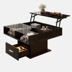 Mesa de centro elevável 78x78x45 cm - com LED, altura ajustável, armazenamento flexível - preta
