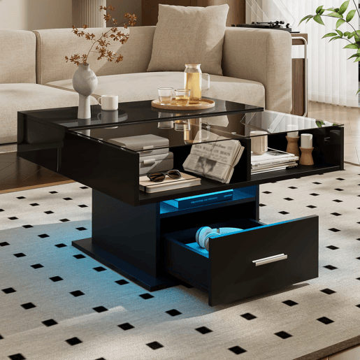 Mesa de centro elevável 78x78x45 cm - com LED, altura ajustável, armazenamento flexível - preta