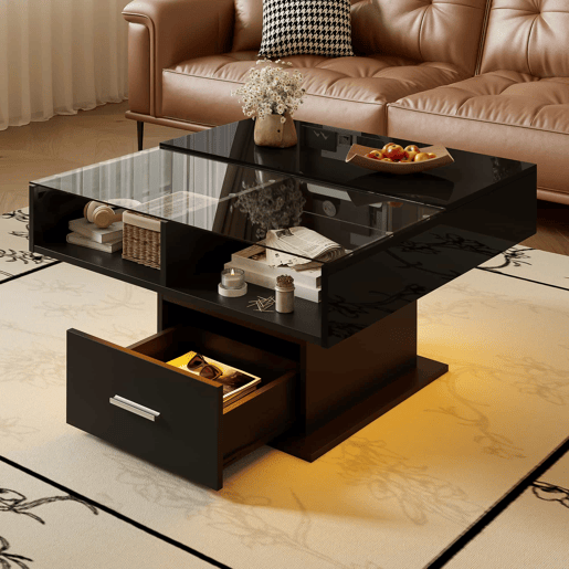 Mesa de centro elevável 78x78x45 cm - com LED, altura ajustável, armazenamento flexível - preta