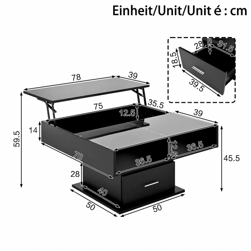 Mesa de centro elevável 78x78x45 cm - com LED, altura ajustável, armazenamento flexível - preta