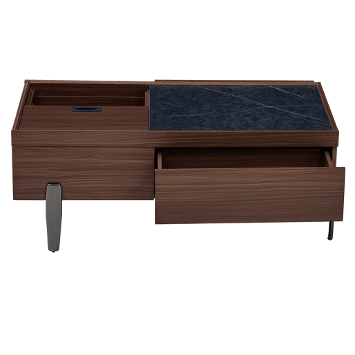 Mesa de centro moderna com gavetas e tampo de vidro - Design em madeira em tom castanho escuro com veios estilo mármore, pernas metálicas, grande capacidade de arrumação