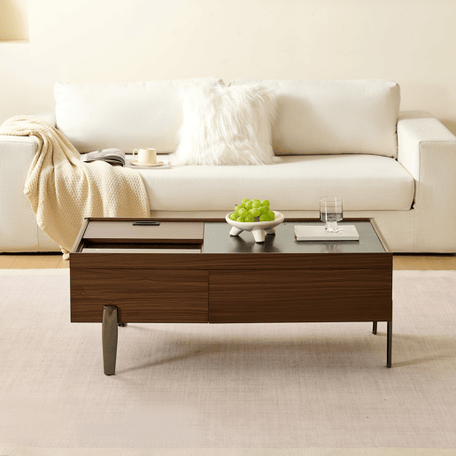 Mesa de centro moderna com gavetas e tampo de vidro - Design em madeira em tom castanho escuro com veios estilo mármore, pernas metálicas, grande capacidade de arrumação