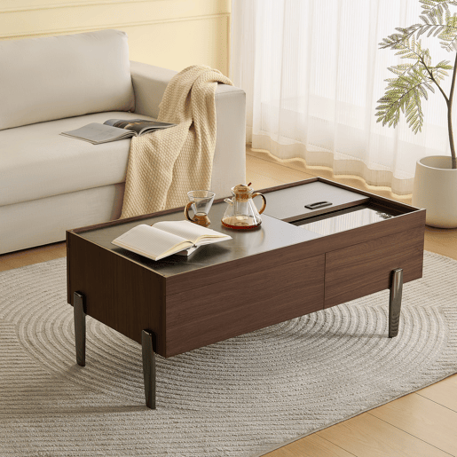 Mesa de centro moderna com gavetas e tampo de vidro - Design em madeira em tom castanho escuro com veios estilo mármore, pernas metálicas, grande capacidade de arrumação
