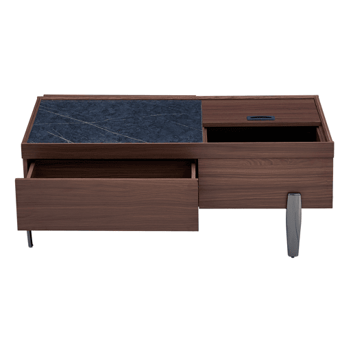 Mesa de centro moderna com gavetas e tampo de vidro - Design em madeira em tom castanho escuro com veios estilo mármore, pernas metálicas, grande capacidade de arrumação