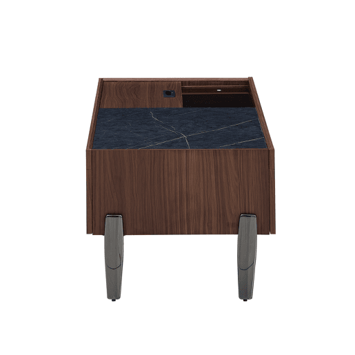 Mesa de centro moderna com gavetas e tampo de vidro - Design em madeira em tom castanho escuro com veios estilo mármore, pernas metálicas, grande capacidade de arrumação