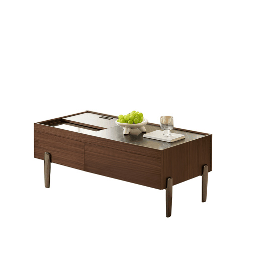 Mesa de centro moderna com gavetas e tampo de vidro - Design em madeira em tom castanho escuro com veios estilo mármore, pernas metálicas, grande capacidade de arrumação